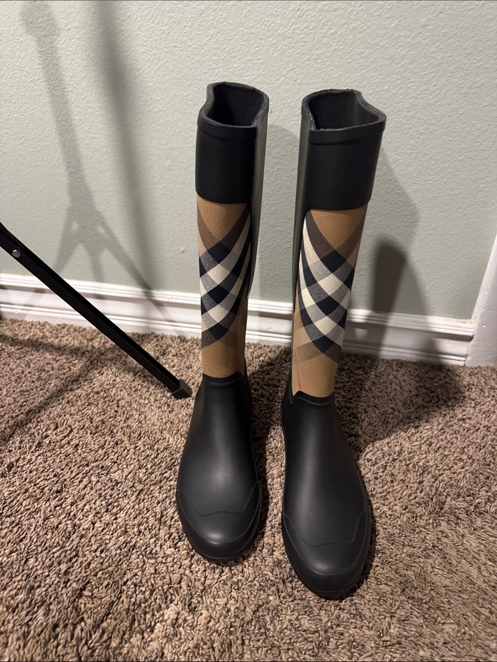 Burberry Black & Tan Plaid Tall Rain Boots